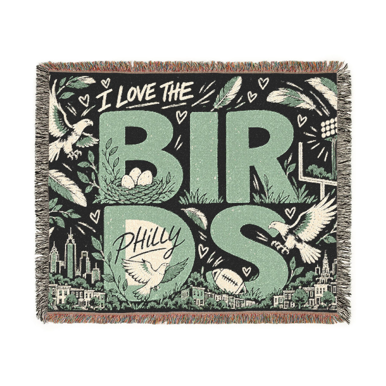 Philly Birds Woven Blanket, Philadelphia Football Doodle Throw, Green Game Day Blanket, Philly Fan Gift, Cozy Sports Home Decor