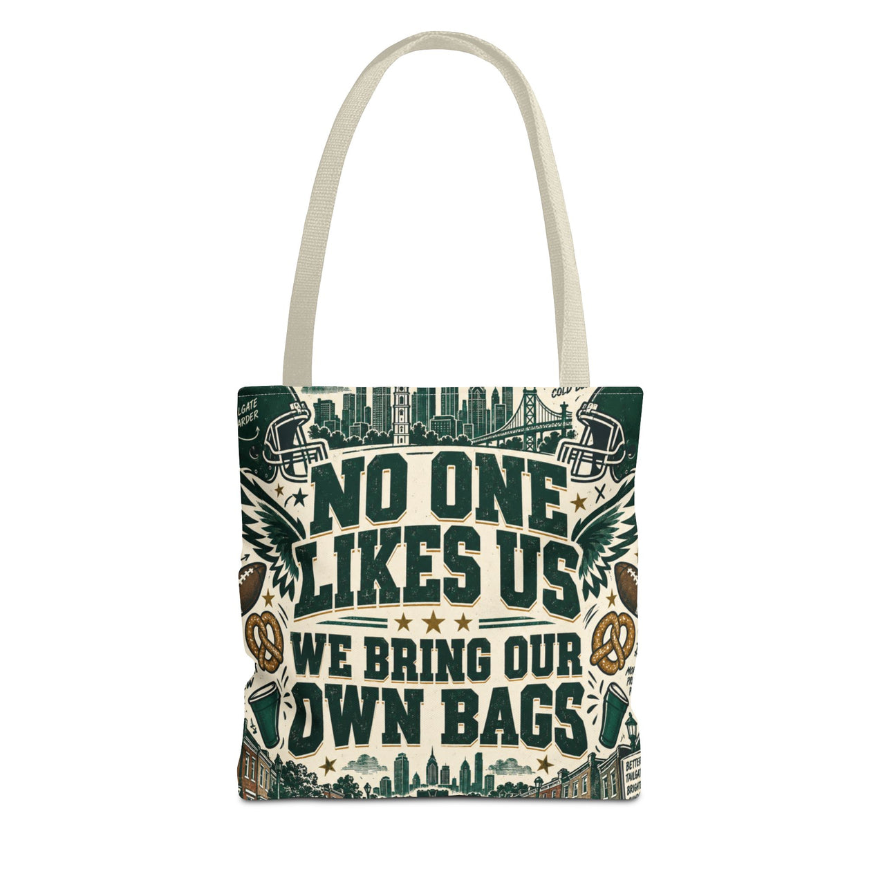No One Likes Us We Bring Our Own Bags Tote, Philadelphia Football Fan Gift, Philly Game Day Bag, Green Sports Tote