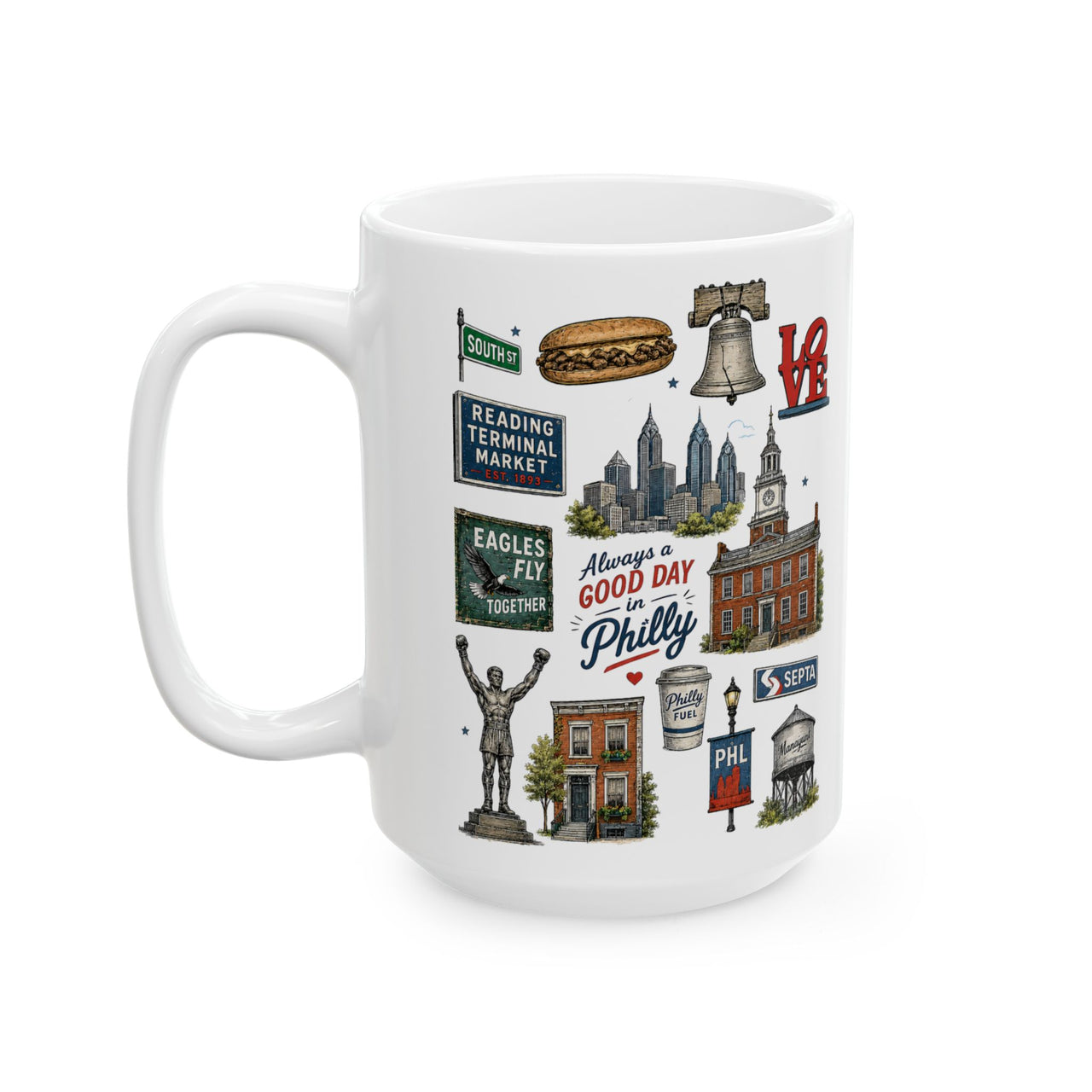 Philadelphia Icons Mug, Philly Coffee Mug, Philadelphia Gift, Philly Landmark Mug, 11oz 15oz Ceramic Mug, Philly Lover Gift, Philadelphia Souvenir