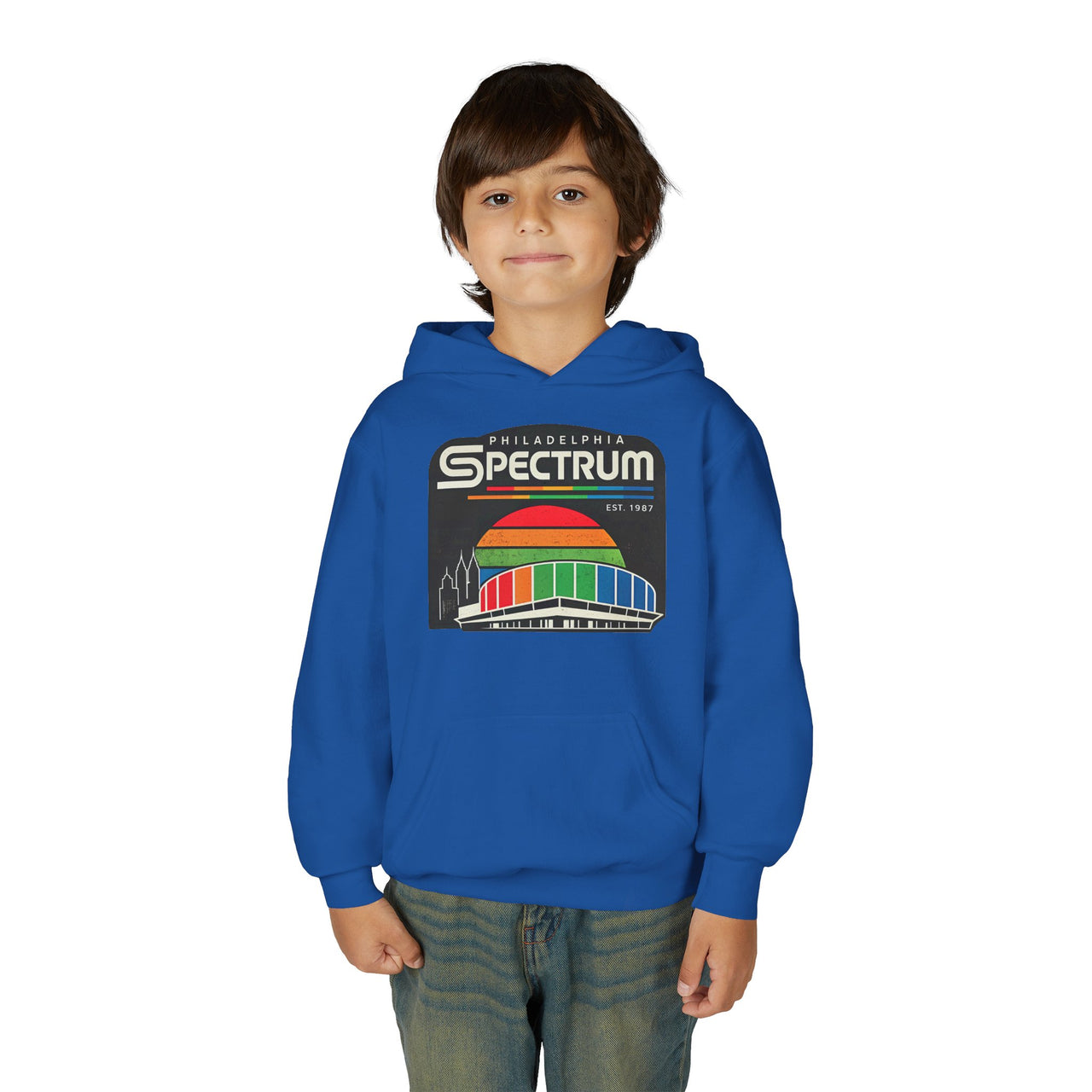 Kids Philadelphia Spectrum Hoodie | Youth Gildan 18500B Retro Philly Arena Sweatshirt