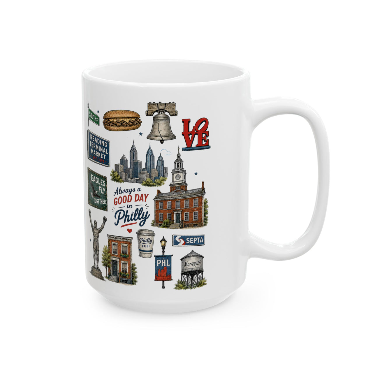Philadelphia Icons Mug, Philly Coffee Mug, Philadelphia Gift, Philly Landmark Mug, 11oz 15oz Ceramic Mug, Philly Lover Gift, Philadelphia Souvenir