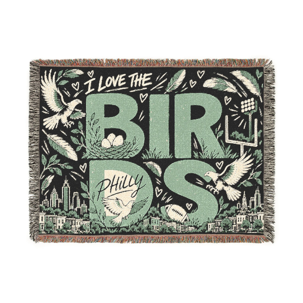 Philly Birds Woven Blanket, Philadelphia Football Doodle Throw, Green Game Day Blanket, Philly Fan Gift, Cozy Sports Home Decor