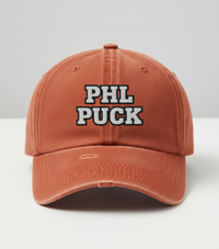 PHL Puck Flyers Inspired Hat – Embroidered Distressed DT600 Dad Cap – Burnt Orange Philly Hockey Vintage Hat – Philadelphia Fan Cap Gift