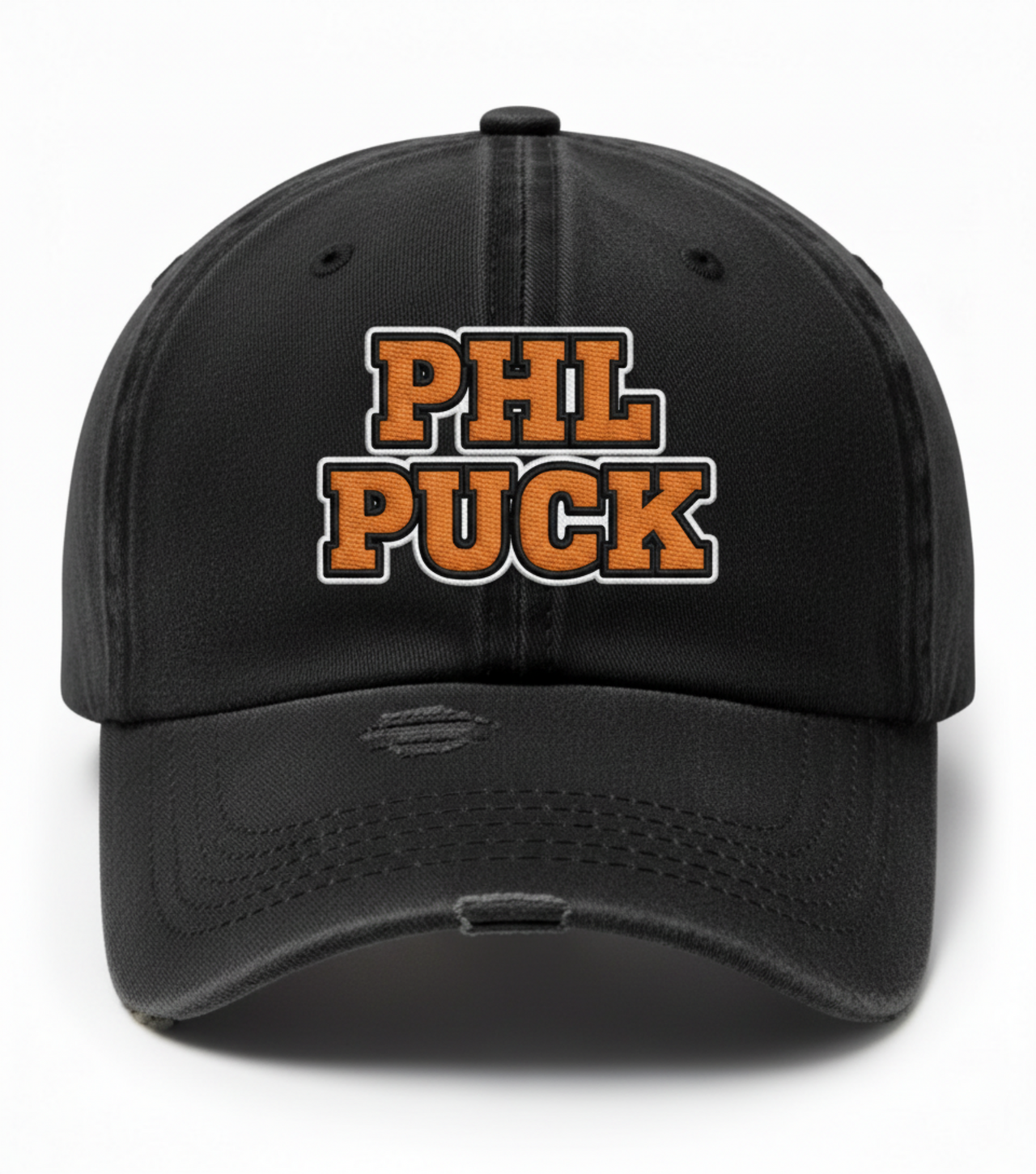 PHL Puck Flyers Inspired Black Hat – Embroidered Distressed DT600 Dad Cap – Philly Hockey Vintage Cap – Philadelphia Fan Gift Hat