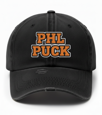 PHL Puck Flyers Inspired Black Hat – Embroidered Distressed DT600 Dad Cap – Philly Hockey Vintage Cap – Philadelphia Fan Gift Hat