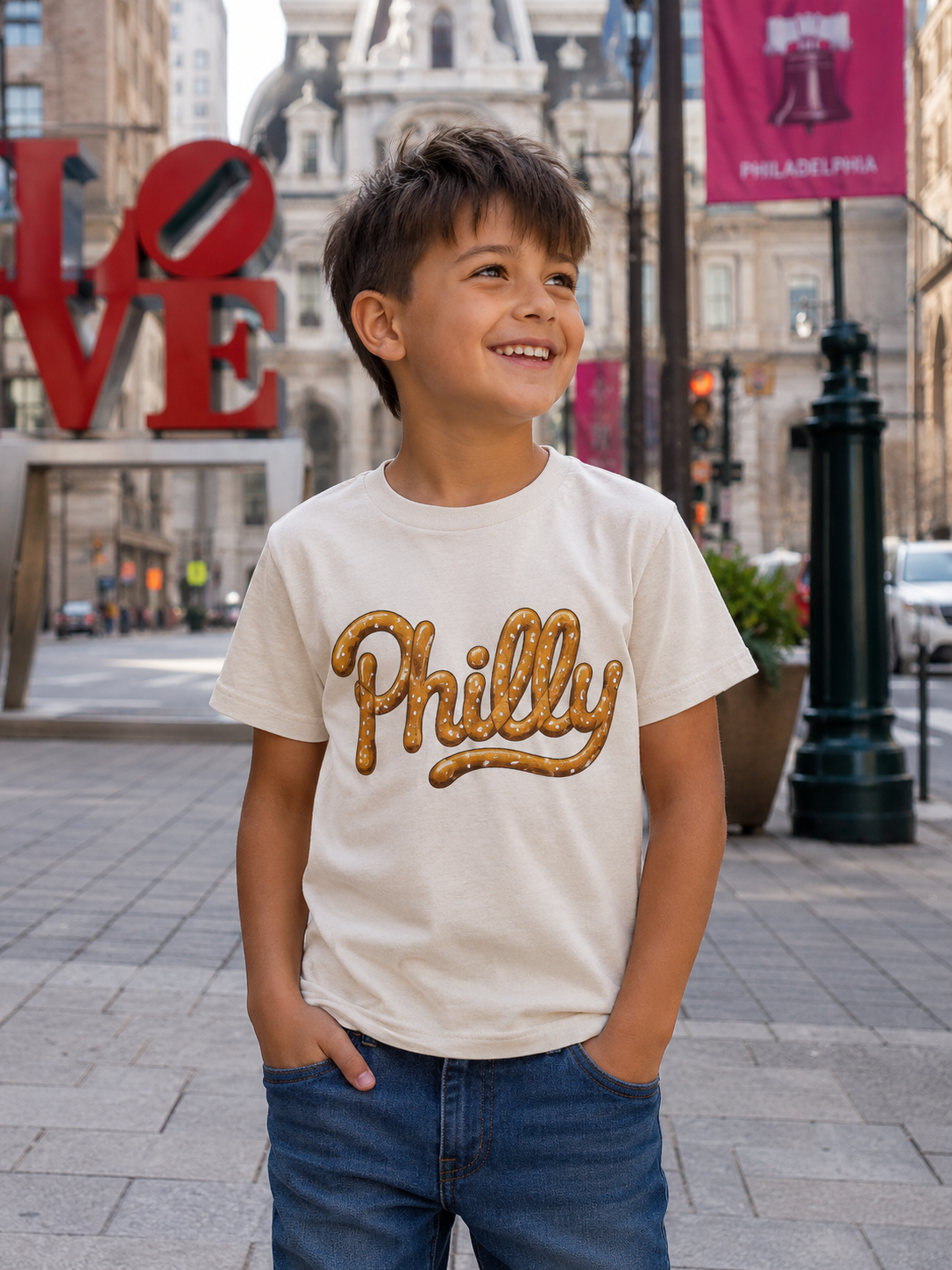 Youth Tee — "Philly" Retro Script Kids T‑Shirt (Vintage Orange Curl)