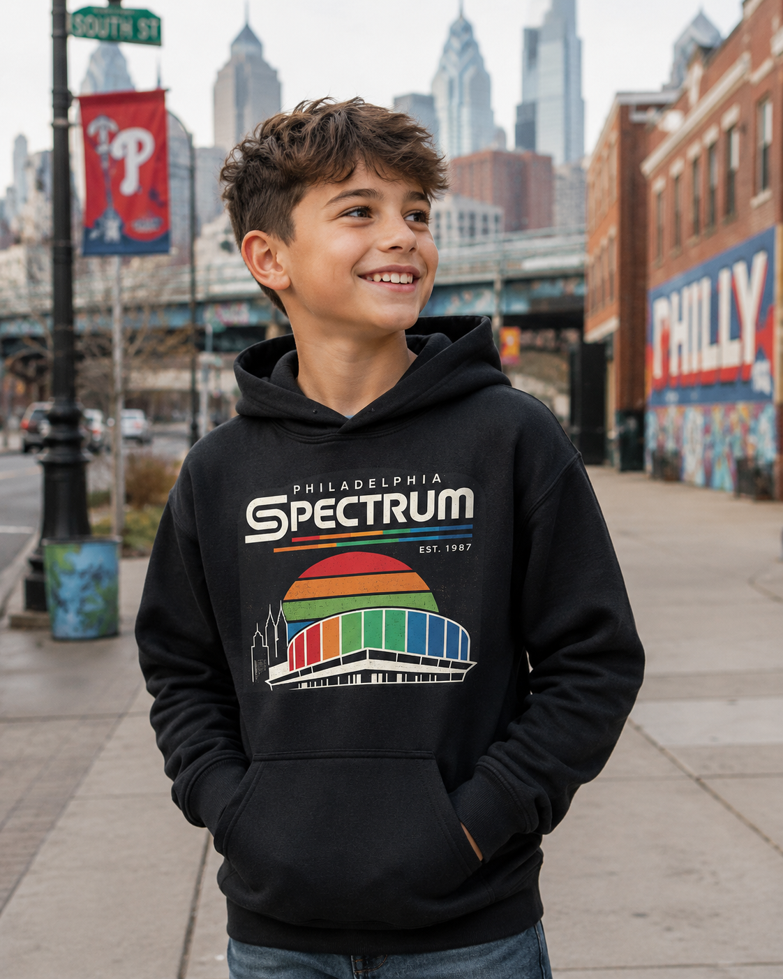 Kids Philadelphia Spectrum Hoodie | Youth Gildan 18500B Retro Philly Arena Sweatshirt