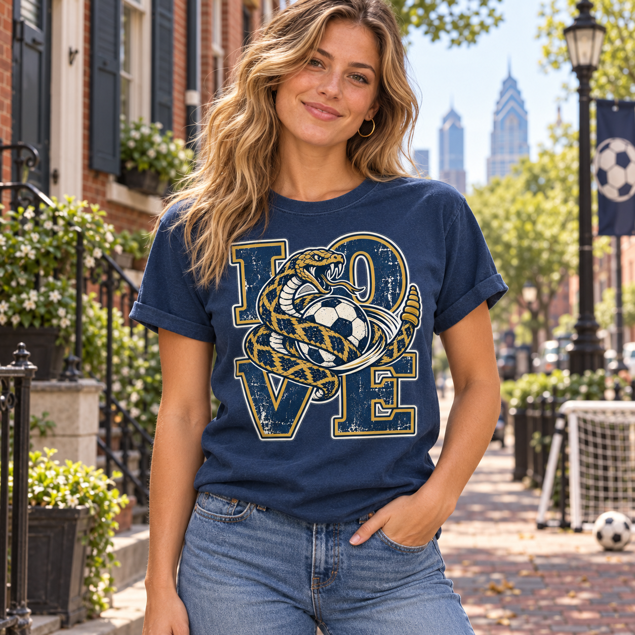 Philadelphia Soccer Shirt, Comfort Colors 1717 Tee, Navy Gold Snake LOVE Graphic, Philly Soccer Fan Gift