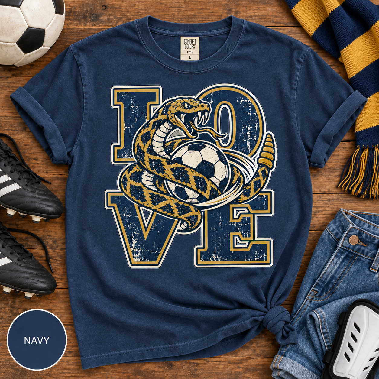 Philadelphia Soccer Shirt, Comfort Colors 1717 Tee, Navy Gold Snake LOVE Graphic, Philly Soccer Fan Gift