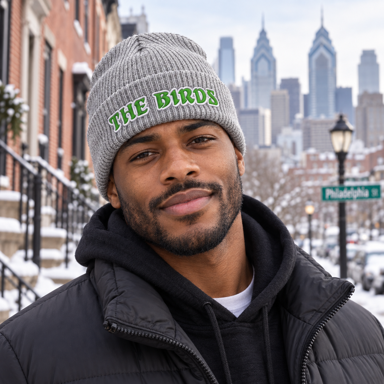 Philadelphia Football Beanie, The Birds Embroidered Hat, Philly Game Day Winter Cap, Green and White Ribbed Knit Beanie