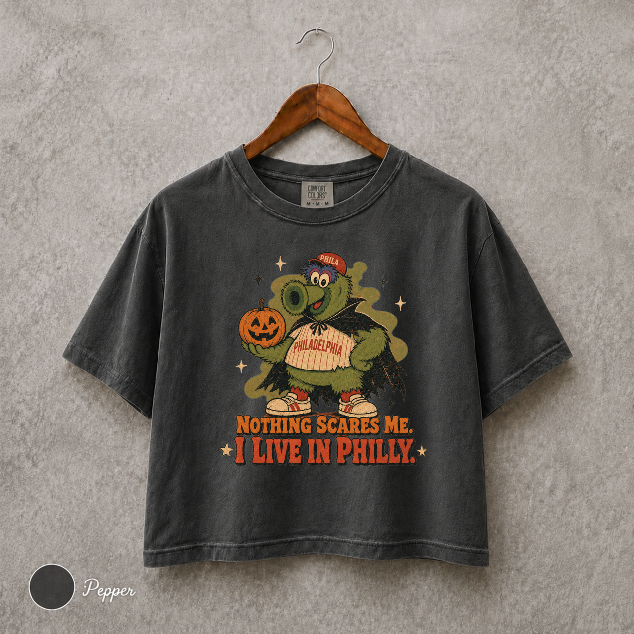 Nothing Scares Me I Live in Philly Shirt, Philadelphia Halloween Tee, Comfort Colors 3023CL Women’s Boxy Crop Top, Spooky Philly Gift