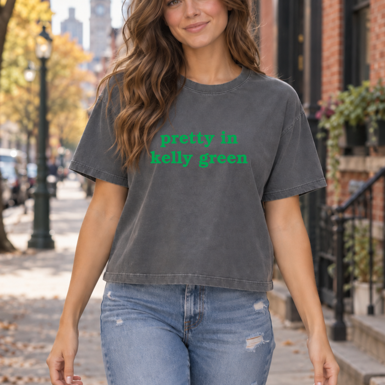 Pretty in Kelly Green Philly Football Tee, Embroidered Comfort Colors Women’s Boxy Shirt, Philadelphia Game Day Top, Football Fan Gift