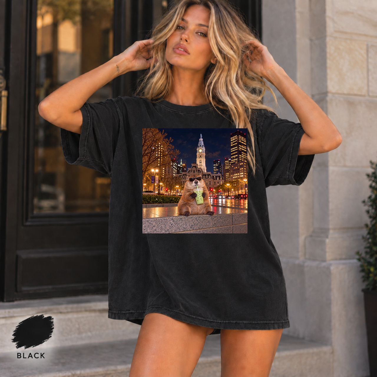 Philadelphia Groundhog T-Shirt, Funny Iced Matcha Philly Tee, City Hall Animal Graphic, Comfort Colors 1717 Shirt