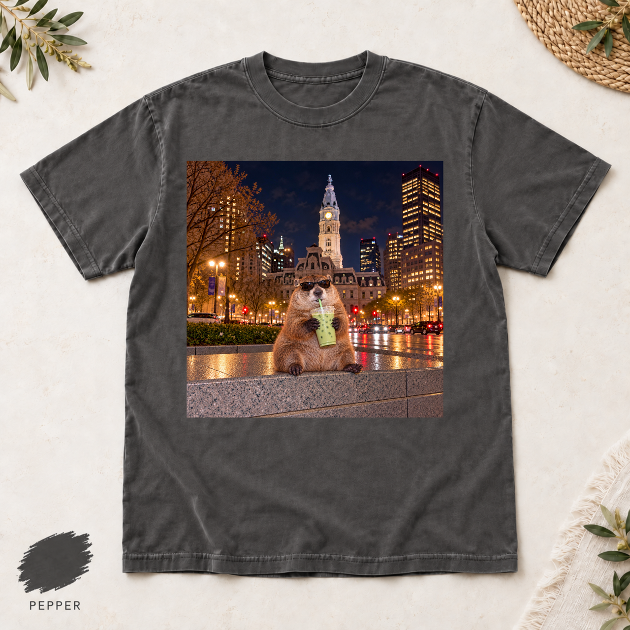 Philadelphia Groundhog T-Shirt, Funny Iced Matcha Philly Tee, City Hall Animal Graphic, Comfort Colors 1717 Shirt
