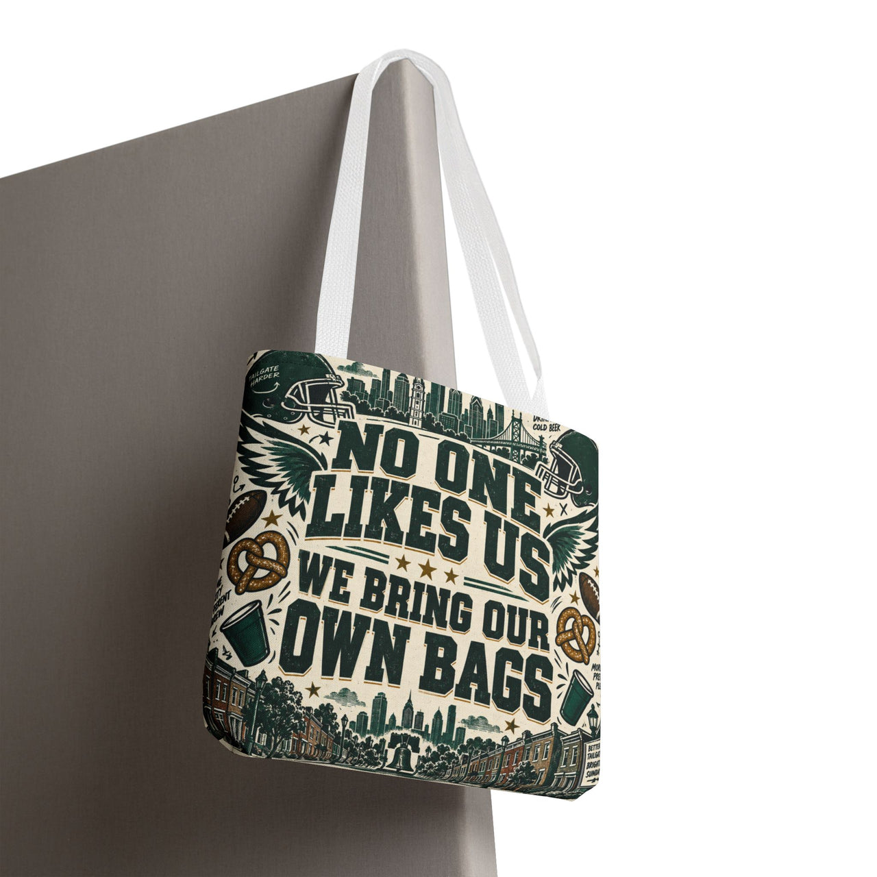 No One Likes Us We Bring Our Own Bags Tote, Philadelphia Football Fan Gift, Philly Game Day Bag, Green Sports Tote