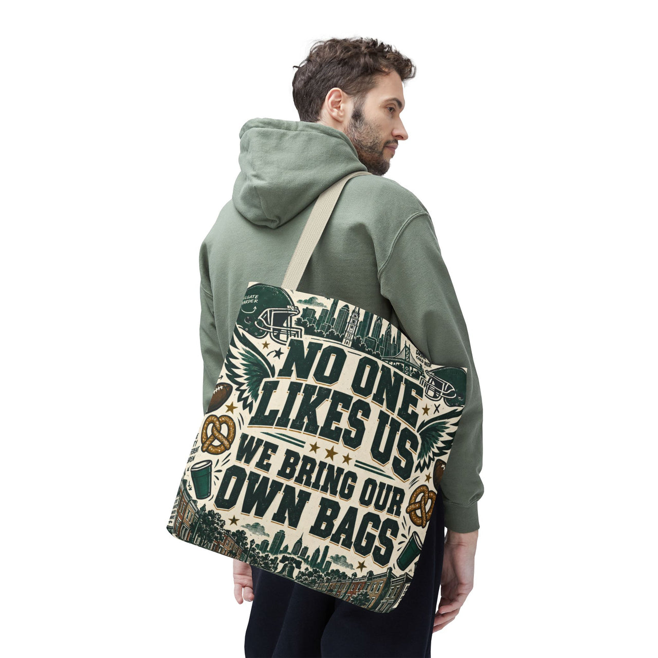 No One Likes Us We Bring Our Own Bags Tote, Philadelphia Football Fan Gift, Philly Game Day Bag, Green Sports Tote