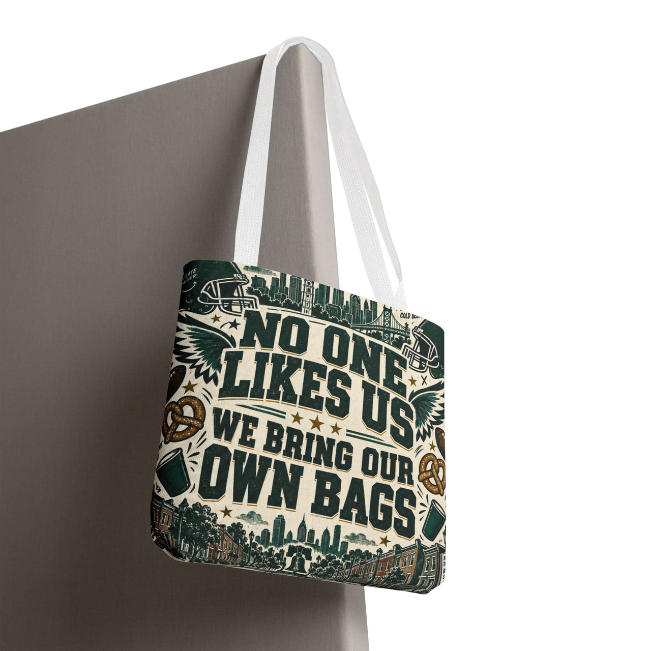 No One Likes Us We Bring Our Own Bags Tote, Philadelphia Football Fan Gift, Philly Game Day Bag, Green Sports Tote