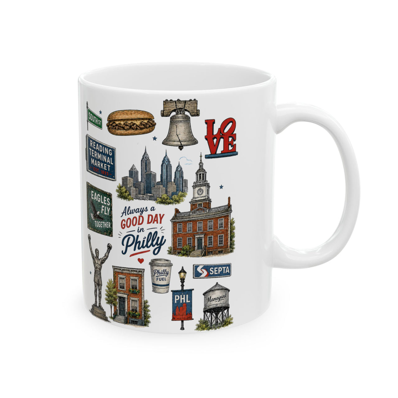 Philadelphia Icons Mug, Philly Coffee Mug, Philadelphia Gift, Philly Landmark Mug, 11oz 15oz Ceramic Mug, Philly Lover Gift, Philadelphia Souvenir