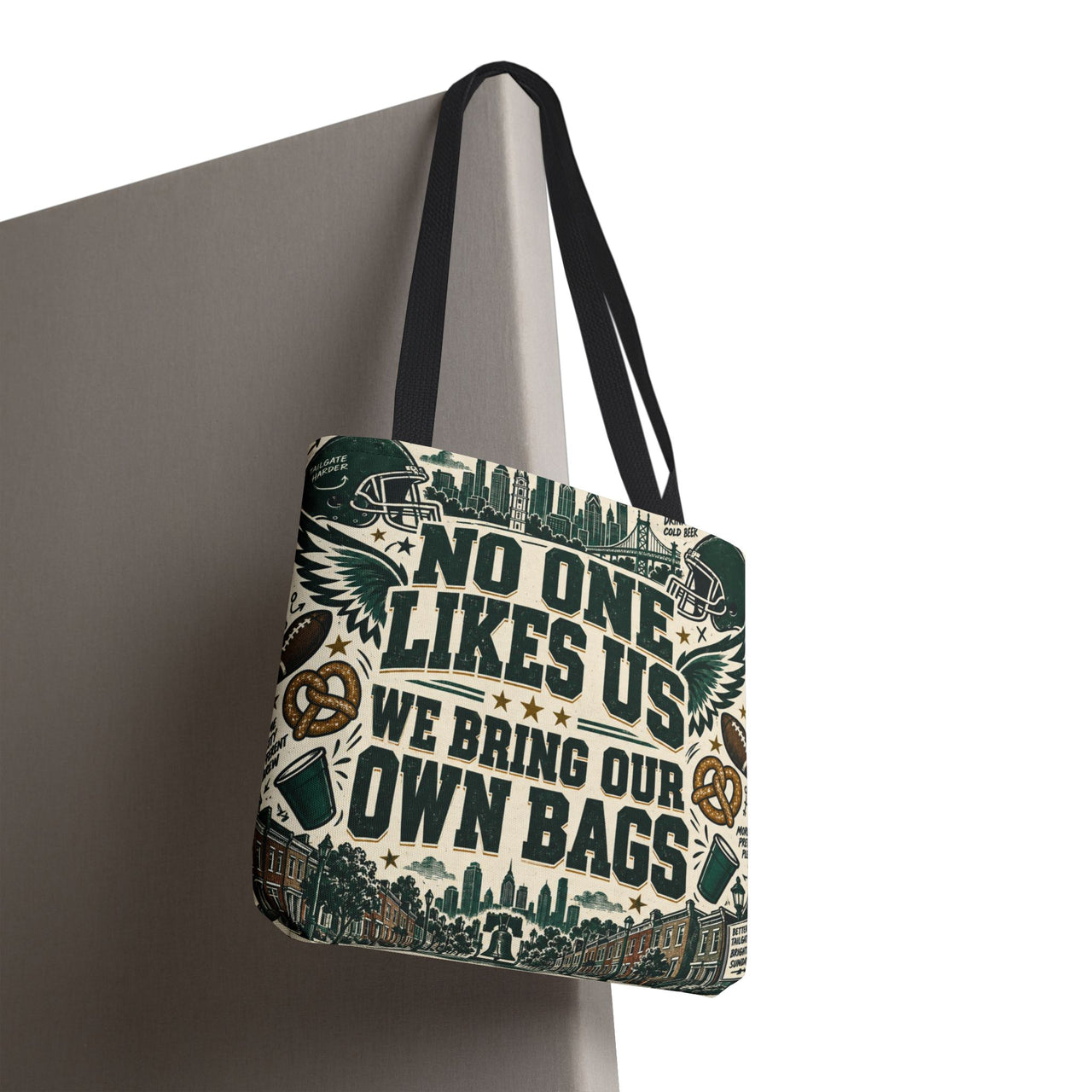 No One Likes Us We Bring Our Own Bags Tote, Philadelphia Football Fan Gift, Philly Game Day Bag, Green Sports Tote