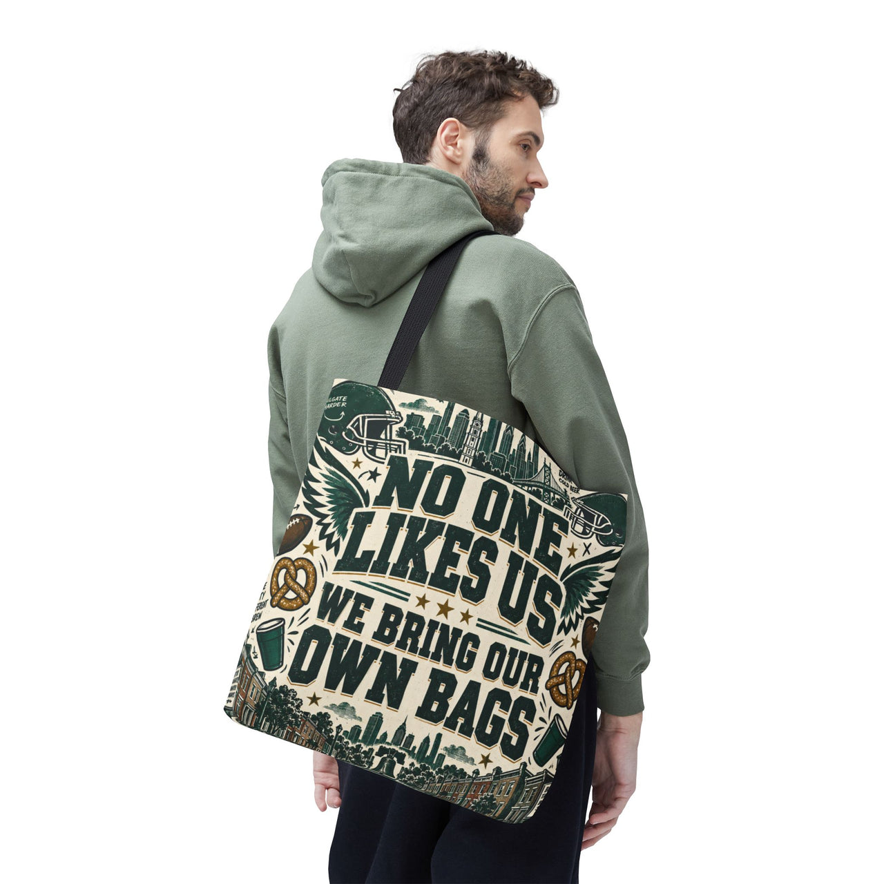 No One Likes Us We Bring Our Own Bags Tote, Philadelphia Football Fan Gift, Philly Game Day Bag, Green Sports Tote