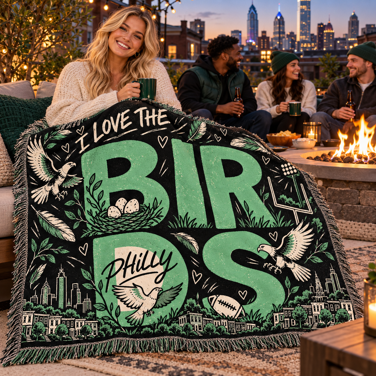 Philly Birds Woven Blanket, Philadelphia Football Doodle Throw, Green Game Day Blanket, Philly Fan Gift, Cozy Sports Home Decor