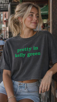 Pretty in Kelly Green Philly Football Tee, Embroidered Comfort Colors Women’s Boxy Shirt, Philadelphia Game Day Top, Football Fan Gift